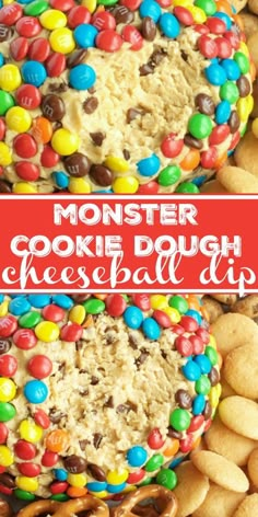 monster cookie dough cheese ball dip with m & m cookies in the middle