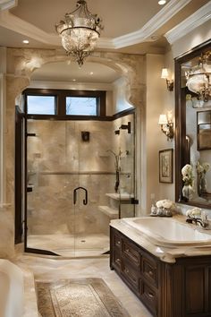 a bathroom with a walk in shower next to a bathtub and sink under a chandelier