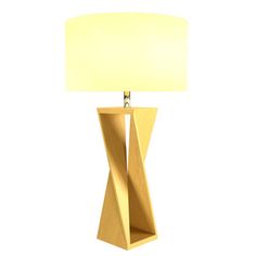 a wooden table lamp with a white shade on it's base and a light bulb in the middle