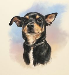 a painting of a small black and brown dog looking at the camera with a blue sky in the background