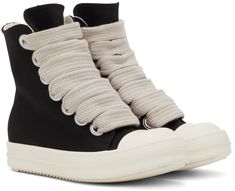 High-top denim sneakers in black. · Round calfskin cap toe · Lace-up closure · Zip closure and eyelet vents at inner side · Cotton twill lining · Treaded rubber sole Supplier color: Black/Milk Low Sneakers Outfit, Black Lace Boots, Rick Owens Shoes, Rick Owens Sneakers, Jordan Shoes Girls, Denim Sneakers, Shoe Wishlist, Stunning Shoes, Rick Owens Drkshdw