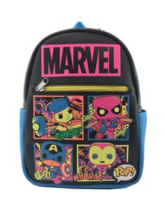 a backpack with an image of the avengers characters on it, in black and blue