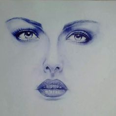 a pencil drawing of a woman's face with blue eyes and lipstick on her lips