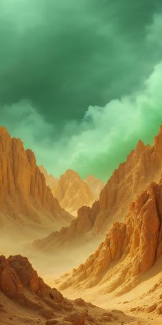 an alien landscape with mountains, rocks and green sky in the backgrouds