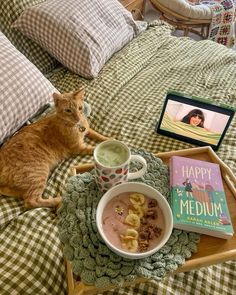 an orange cat laying on top of a bed next to a bowl of cereal and a book