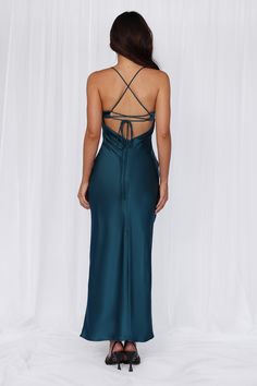 Length from top of bust to hem of size S: 132cm. 
 Chest: 36cm, Waist: 32cm, across front only of size S. 
 Maxi dress. 
 Lined. 
 Model is a standard XS and is wearing size XS. 
 True to size. 
 Non-stretch. 
 Luxurious satin. 
 Scoop neckline. 
 V-back. 
 Crisscross tie-up back. 
 Vent extension. 
 Straight, flowy silhouette. 
 Zipper with hook eye closure.  
 Cold hand wash only. 
 Polyester. 
 This material is very delicate. Please handle with care. 
 Please Note: This product is a Exclusive Candy Dress, Tie Maxi Dress, Dream Wedding Ideas Dresses, Maxi Dress Wedding, Satin Maxi, Satin Maxi Dress, Satin Midi Dress, Asymmetrical Skirt, Satin Top