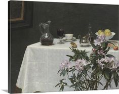 a painting of flowers on a table with tea cups and saucers next to it