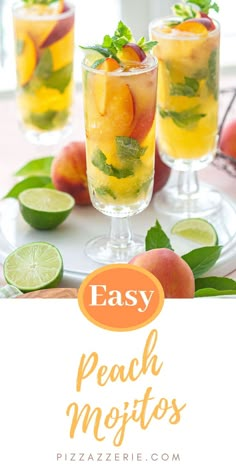 easy peach mojits with lime and mint on a white plate next to fruit