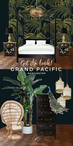 an advertisement for the grand pacific hotel with peacocks and palm leaves on it,