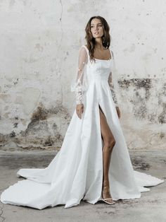 White Casual Wedding Dress A-Line Square Neck Long Sleeves Sexy Backless Applique Cut-Outs Split Front Long Bridal Gowns White Simple Wedding Dress, Causal Wedding Dress, Square Neck Wedding Dress, Simple White Wedding Dress, Long Bridal Gown, Wedding Dress A Line, Voluminous Skirt, Board Wedding, Crepe Gown