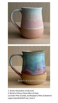 two mugs with different designs on them, one is pink and the other is blue