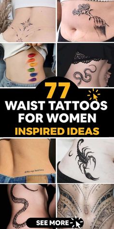 many different tattoos on women's stomachs and back, with the words 77 waist tattoos