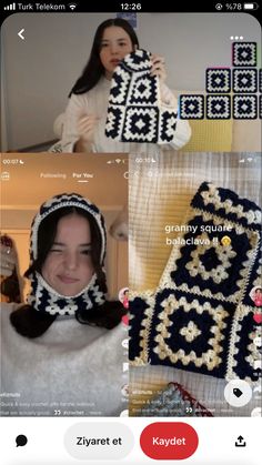 a woman holding up a crocheted granny hat and scarf