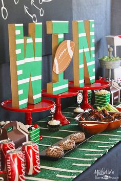 a football themed party with food and decorations