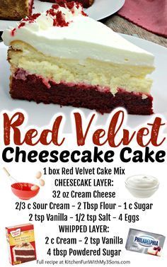 a red velvet cheesecake cake is on a white plate