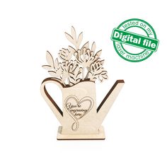 a wooden watering can with flowers in it and a stamp that says digital file on the side