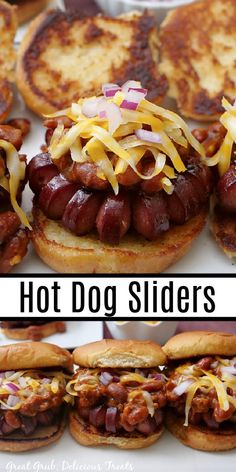 hot dog sliders with cheese and onions on them are ready to be eaten in the oven