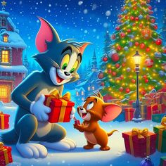 a cartoon cat and mouse holding presents in front of a christmas tree with lights on it