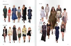 an open book showing different types of women's dresses and skirts on the runway