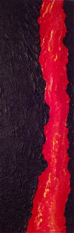 an abstract painting with red and black paint on it's edges, in the middle of a dark background