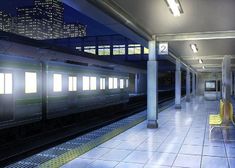 an empty subway station at night with the lights on and yellow chairs in the foreground