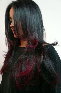 Black Hair Red Tips, Black Hair With Red, Hair With Red Highlights, Red Hair Tips, Balayage Hair Ideas, Balayage Straight Hair