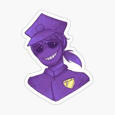 a purple sticker with an image of a person wearing a hat