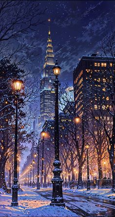 a painting of a city at night with street lights and snow on the ground in front of tall buildings