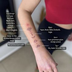 a woman's arm and wrist with different tattoos on her left arm, including the names of each zodiac sign