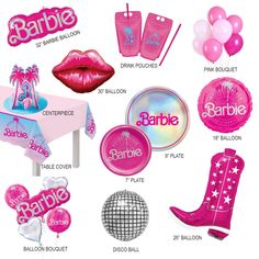 barbie birthday party supplies including balloons, plates and decorations