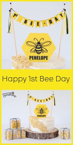 a bee themed birthday party with yellow and black decorations, including a honeycomb cake