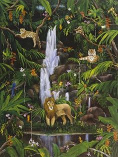 a painting of animals in the jungle near a waterfall