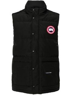 black shell down-feather filling padded design quilted water-resistant appliqué logo front press-stud and zip fastening high neck two handwarmer pockets two front patch pockets internal zip-fastening pocket Canada Goose Mens, Luxury Outerwear, Black Down, Outerwear Vest, Down Vest, Canada Goose, Canada Goose Jackets, Black Cotton, Patch Logo