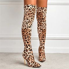 Leopard Print Knee High Stiletto Boots, Fashionable Pointed Toe Over-The-Knee Boots For Daily Wear, Women's Boots For Fall & Winter #Animalprint #Leopard #Cheetah #Boots #Heels Door Shoes, Leopard Print Boots, Heel Stretch, Fabric Boots, Elegant Heels, Womens Sandals Summer, Bow Sandals, Womens Summer Shoes, Point Shoes