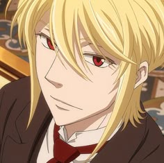 an anime character with blonde hair and red eyes