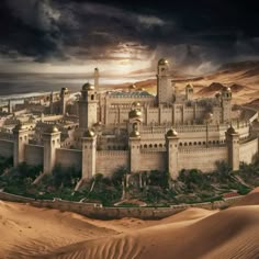 an old castle in the desert surrounded by sand dunes