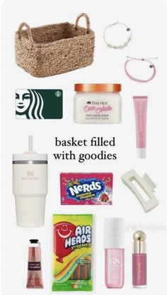 the contents of a basket filled with goodies