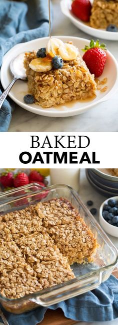 baked oatmeal with blueberries and strawberries on the side is shown