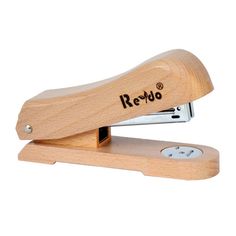 a wooden stapler with the word remo on it's side and a clock