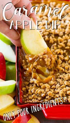 caramel apple dip in a red casserole dish