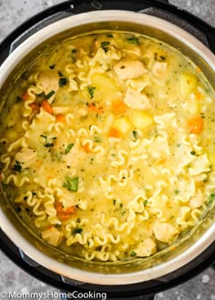 a pot filled with pasta and chicken soup