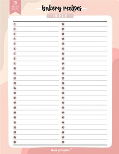 the printable bakery recipe list is shown in pink and white with an orange background