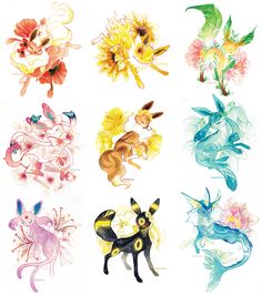 an image of some flowers and animals on a white background with watercolors in it