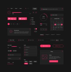 a black and pink web page with buttons, numbers, and other things on it