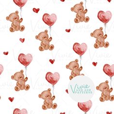 seamless watercolor pattern with teddy bear and heart balloons on white background for valentine's day