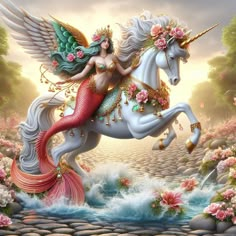 a beautiful woman riding on the back of a white horse in a river surrounded by flowers