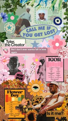 the collage is made up of different images and words, including flowers, sunflowers, and an image of a man sitting on a bench