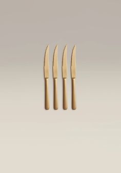 three knives with wooden handles on a gray background