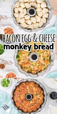 bacon, egg and cheese monkey bread in pans on a table with other foods