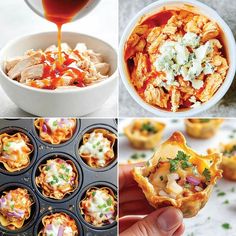 four pictures with different foods in them and sauce being poured into the bowl, chicken enchiladas are on muffins